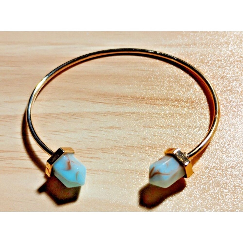 Bangle Bracelet Aqua Blue Healing Stone Cuff Adjustable Unisex Gold Tone Trendy